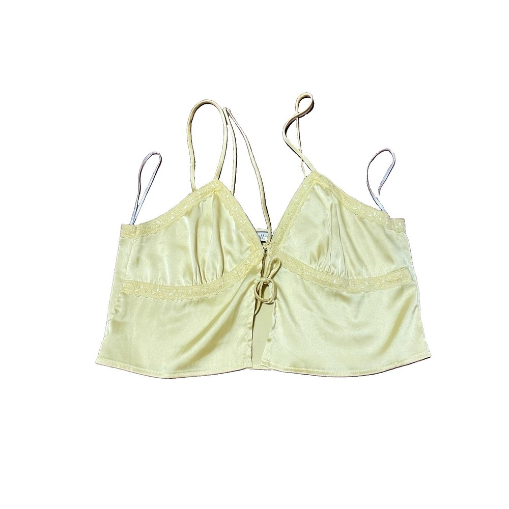 2 Bella Yellow Satin Short Cropped Tank Top Front Tie Size S/M Coquette Bohemian - Picture 2 of 12